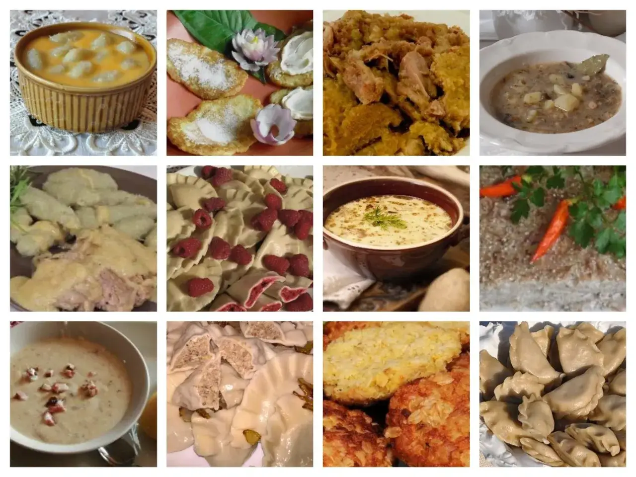 Kolekcja ł&oacute;dzkie talerze: pierogi z malinami, zupa grzybowa, placki ziemniaczane, kotlety, kluski i inne pyszności.