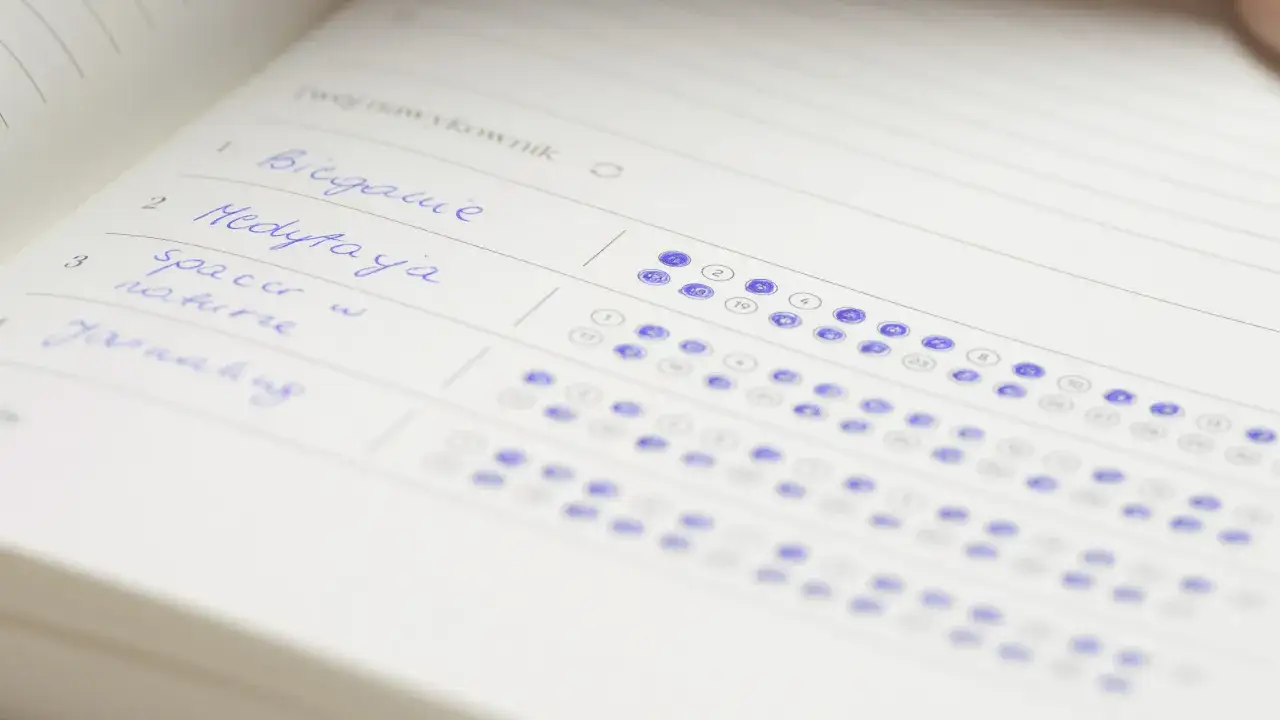 Dziennik nawyk&oacute;w: bieganie, medytacja, spacer w naturze, journaling. Każdy dzień zaznaczony k&oacute;łkiem, realizacja cel&oacute;w w życiu.