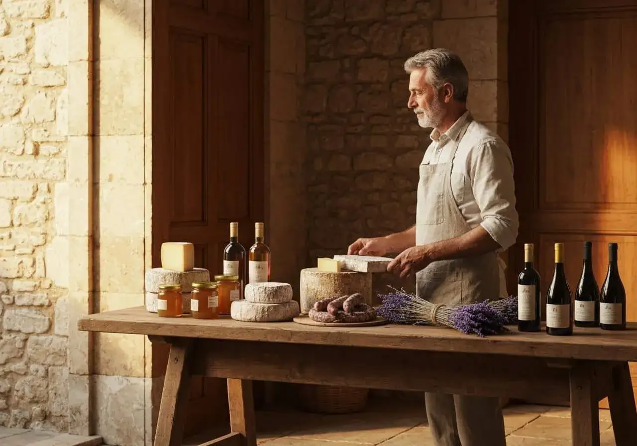 Un homme prépare une dégustation de fromages, saucissons, miel et bouteilles de vin, dont un vin blanc, sur une table rustique.