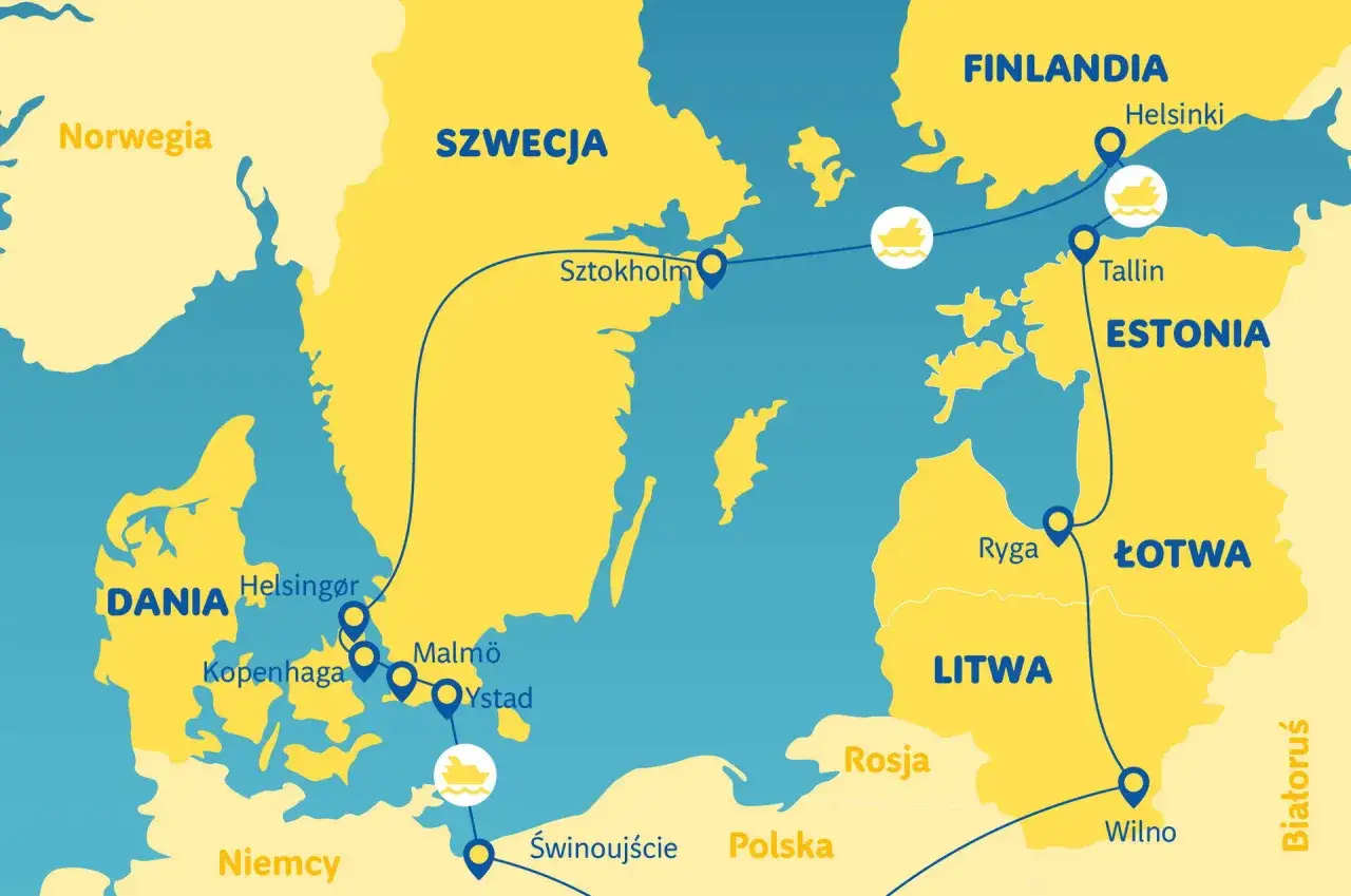 Trasa promy na Bałtyku: z Danii przez Szwecję, Finlandię, Estonię, Łotwę, Litwę do Polski.
