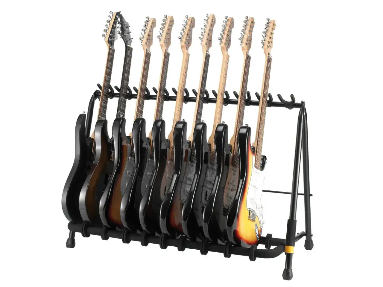 Wielostanowiskowy statyw na gitarę pomieści dziewięć instrumentów.