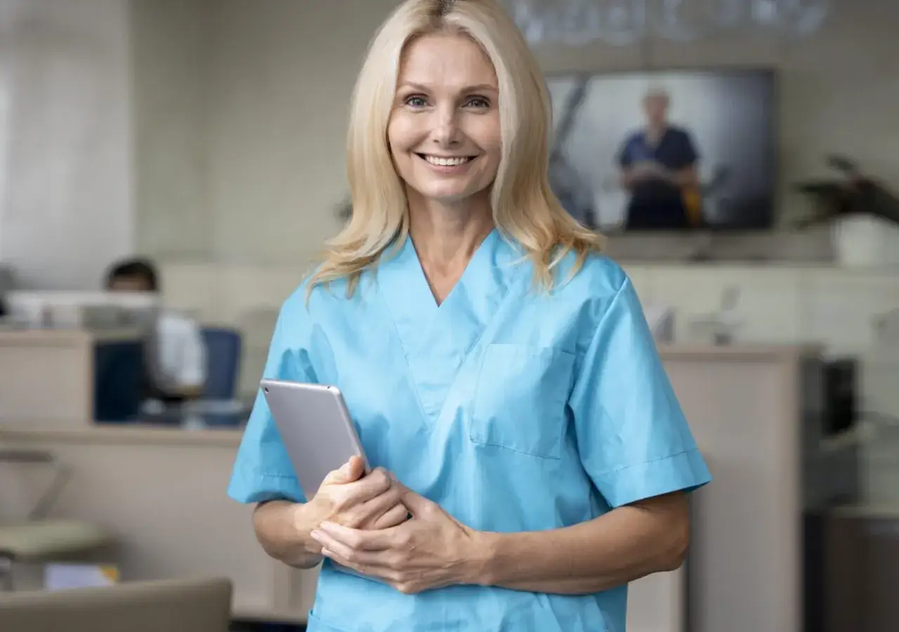 Donna sorridente con camice azzurro e tablet, pronta per il suo oss lavoro.