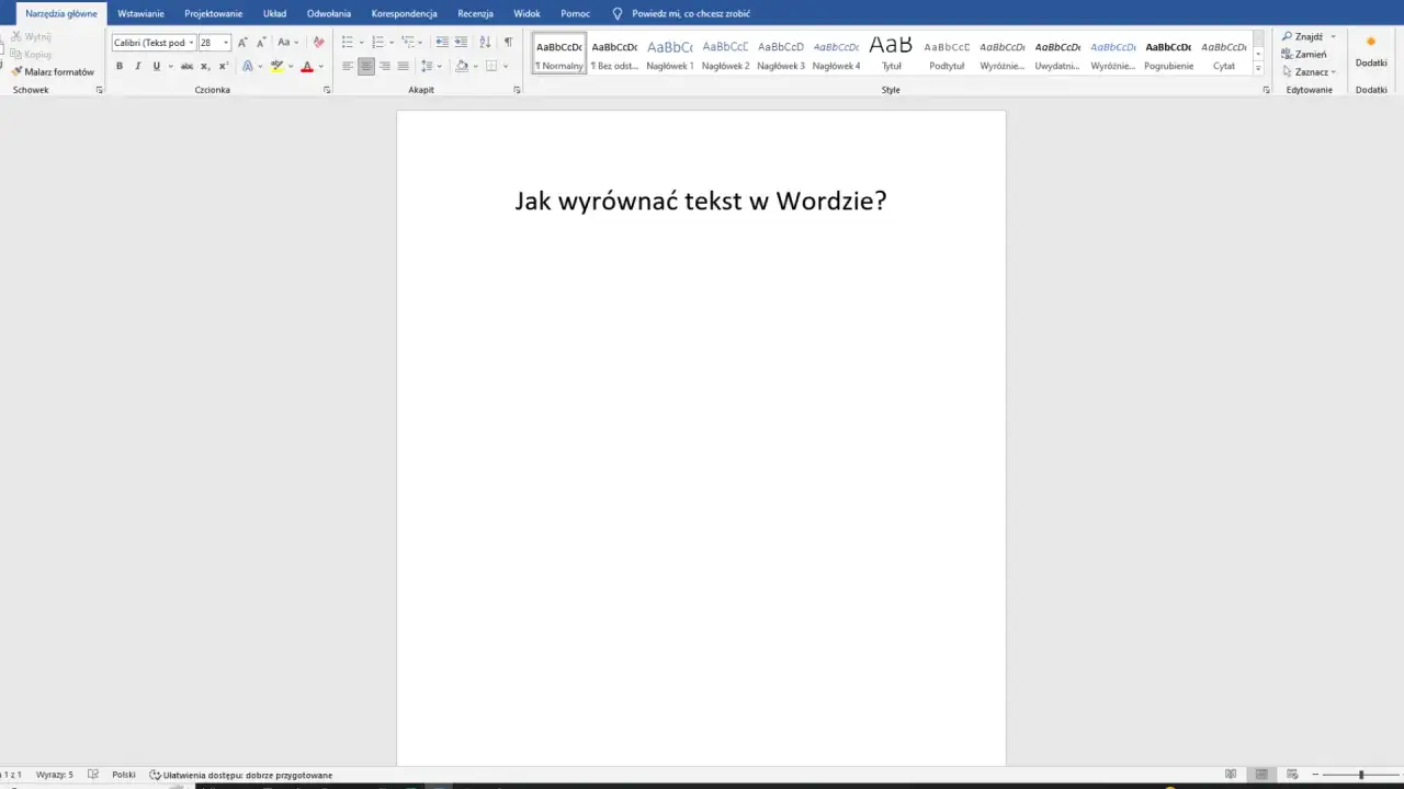 Jak wyrównać tekst w Wordzie? Pytanie widoczne na ekranie programu Microsoft Word, z widocznym paskiem narzędzi.