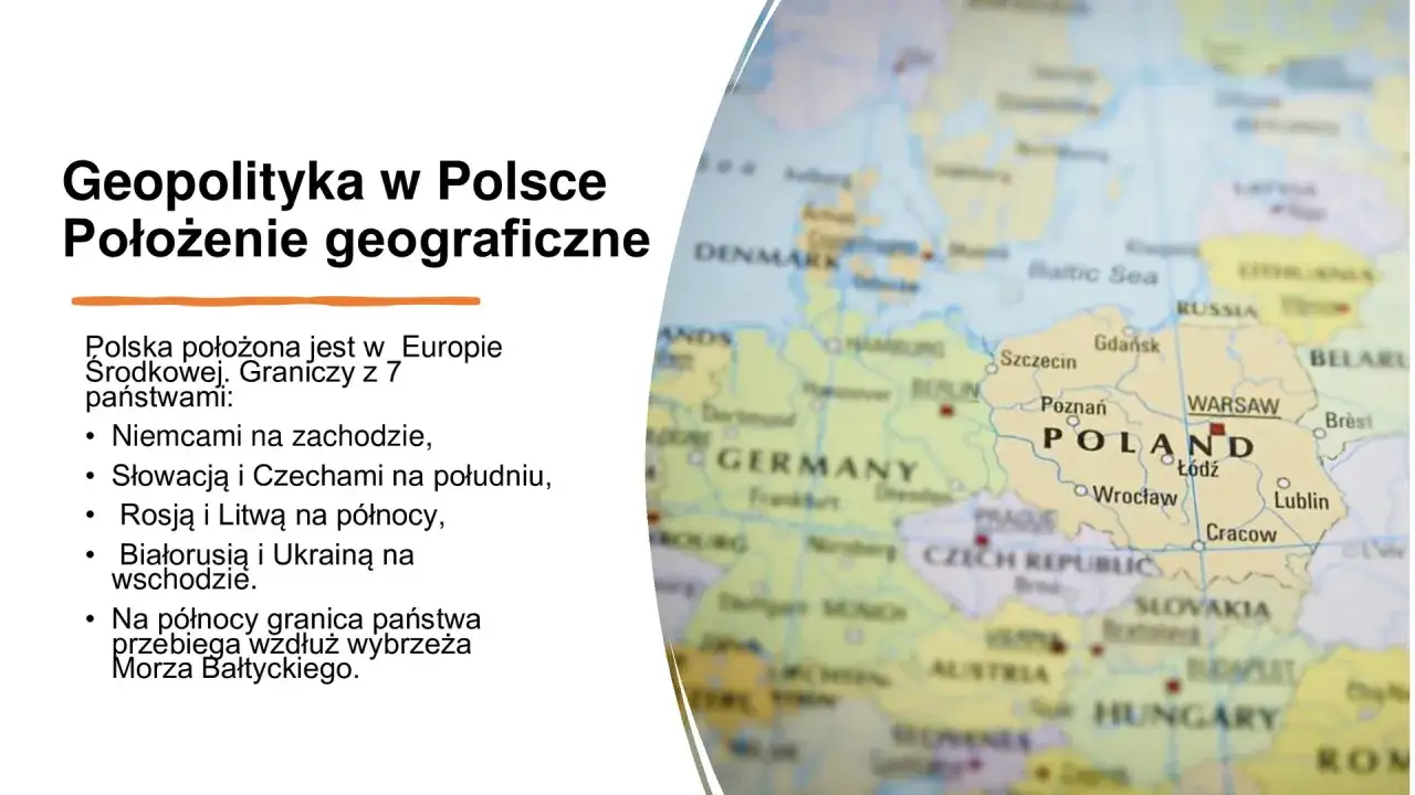 Mapa Europy Środkowej z zaznaczoną Polską. Opisuje położenie Polski i jej sąsiadów, podkreślając jej granicę państwową.