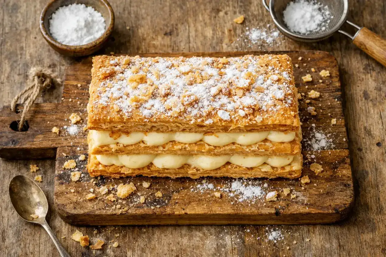 Ein k&ouml;stliches Millefeuille mit cremiger F&uuml;llung und Puderzucker best&auml;ubt, bereit zum Genie&szlig;en.