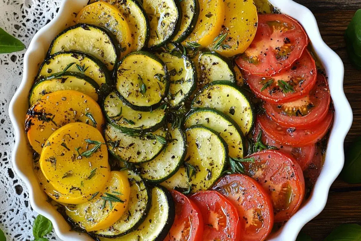 Un plat de tian de l&eacute;gumes, avec des rondelles de courgettes, de tomates et de poivrons jaunes, assaisonn&eacute;es d'herbes et d'huile d'olive.