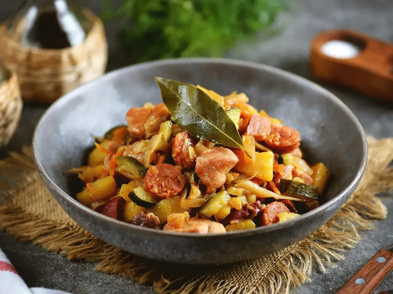 Pyszna kapusta z kiełbasą i warzywami, podana w misce, ozdobiona liściem laurowym.