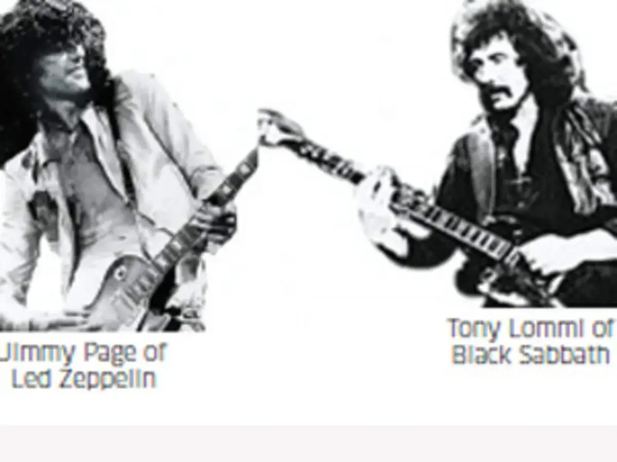 Jimmy Page i Tony Iommi, dwaj giganci **heavy metalu**, grający na gitarach.