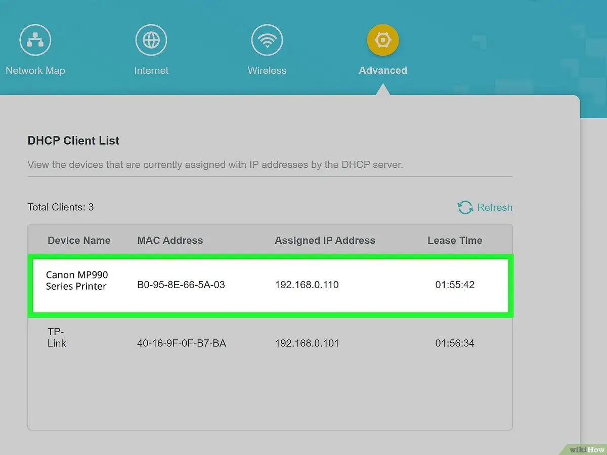 Lista klient&oacute;w DHCP pokazuje, gdzie znaleźć IP drukarki Canon MP990. Adres IP to 192.168.0.110.