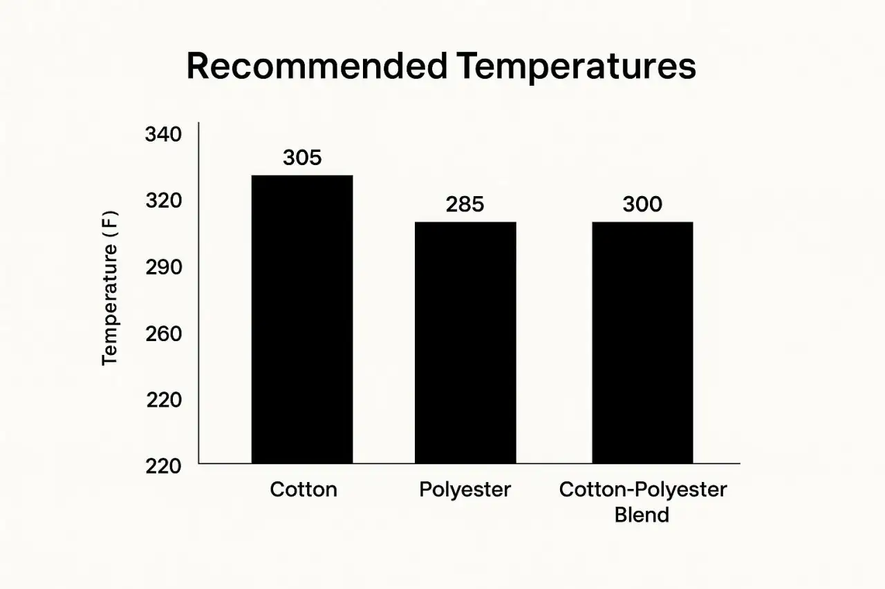 Graphique des temp&eacute;ratures recommand&eacute;es pour le flocage sur polyester : coton (305&deg;F), polyester (285&deg;F), m&eacute;lange coton-polyester (300&deg;F).