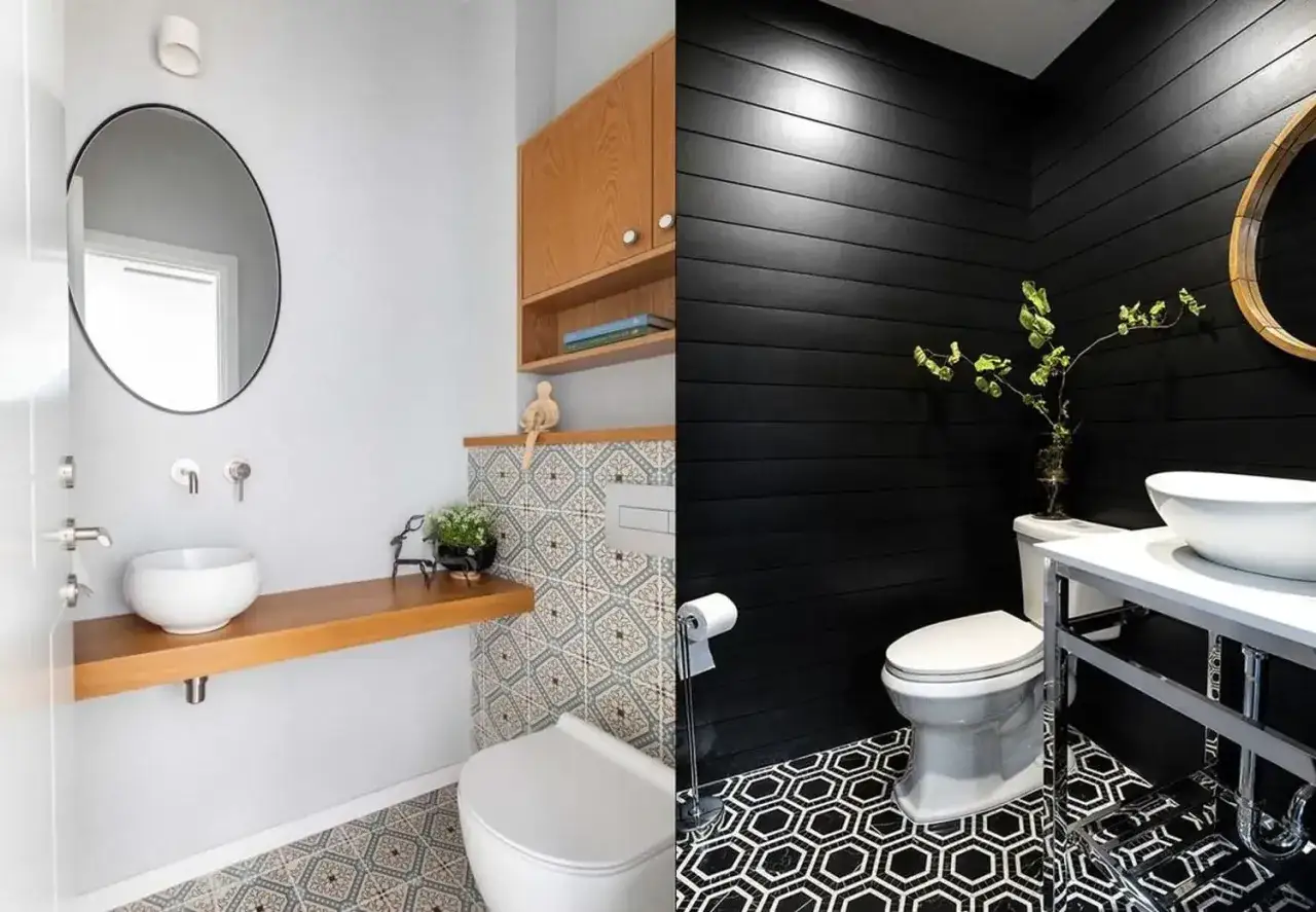Två stilar för liten toalett inspiration: ljus med trädetaljer och mönstrade kakel, eller mörk med svarta träpaneler och hexagonmönster på golvet.
