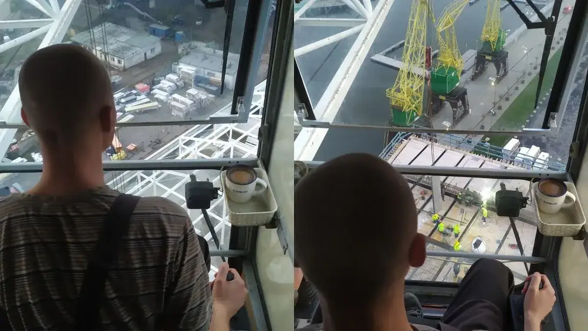 operator dźwigu w kabinie, budowa, widok z g&oacute;ry