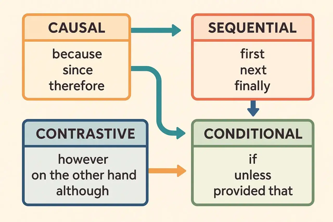 Schemat pokazuje zwroty do rozprawki po angielsku: Causal (because, since, therefore), Sequential (first, next, finally), Contrastive (however, although) i Conditional (if, unless).