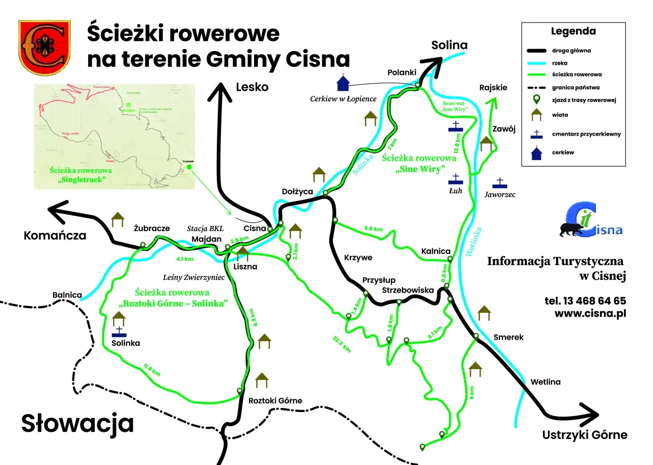 Mapa ścieżek rowerowych Gminy Cisna. Widać m.in. majdan koło Cisnej, Solinę, Wetlinę, Ustrzyki Górne, Komanczę.