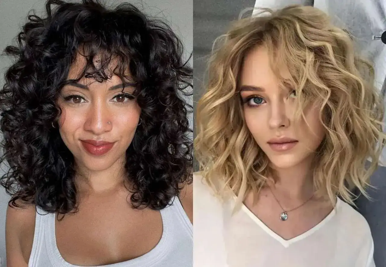 Dos peinados pelo rizado media melena: uno oscuro y voluminoso, otro rubio y con ondas suaves.