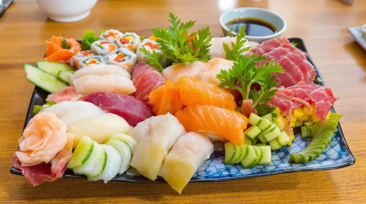 Talerz pełen sushi i sashimi: kawałki łososia, tuńczyka, ryby maślanej, rolki z łososiem i awokado, ogórek, imbir.