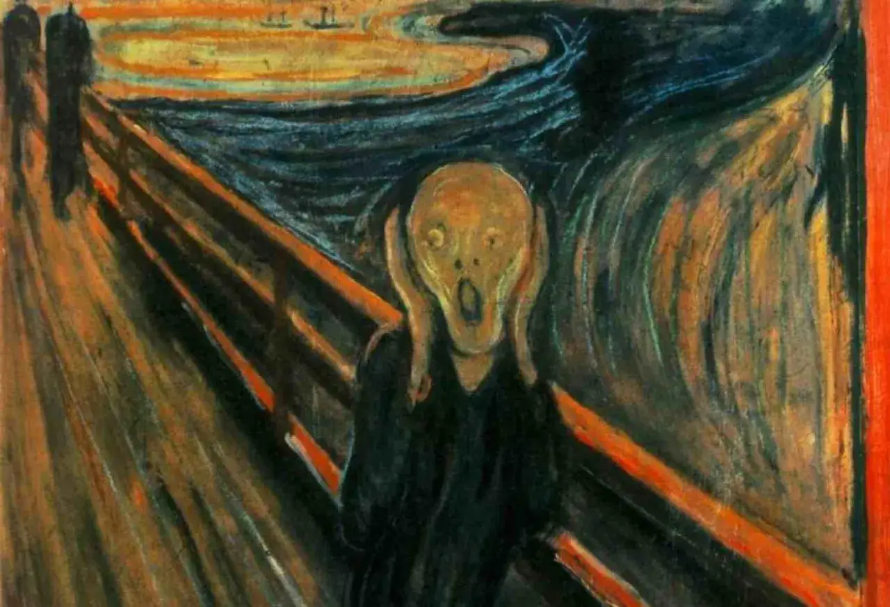 Figura urlante su un ponte, con un cielo rosso sangue. L'opera evoca il **follia significato psicologico** dell'angoscia esistenziale.