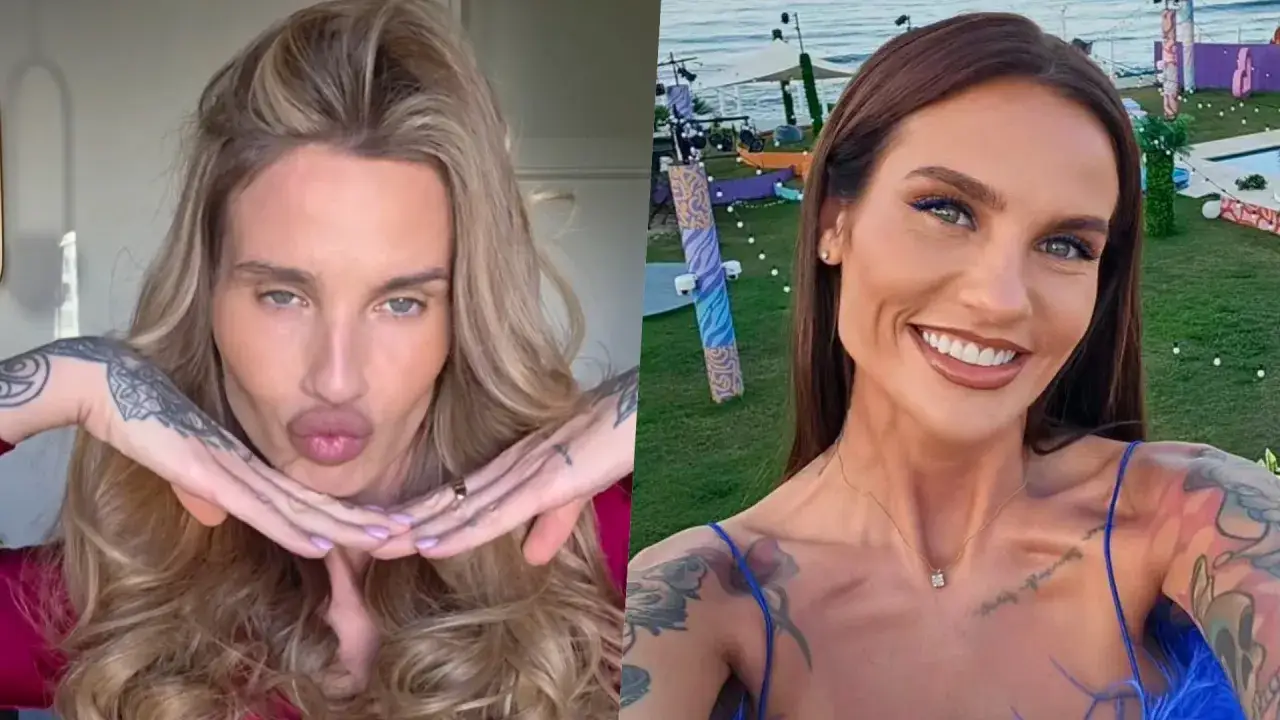 Karolina Gilon kiedyś, z blond włosami i wyrazistym makijażem, obok uśmiechniętej Karoliny z ciemnymi włosami i tatuażami.