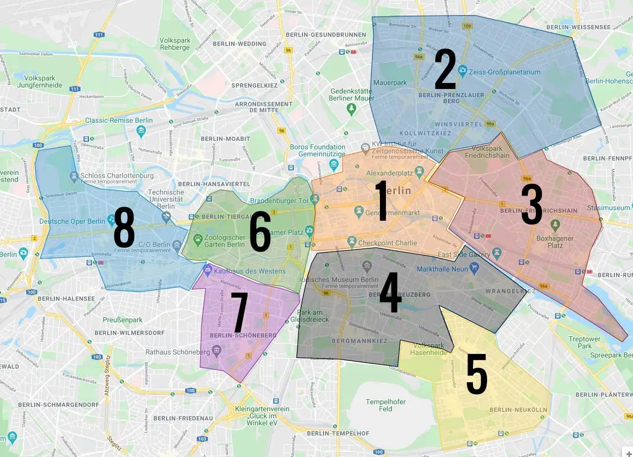 Carte de Berlin divisée en 8 zones pour un séjour de 5 jours. Chaque zone représente un quartier à explorer.
