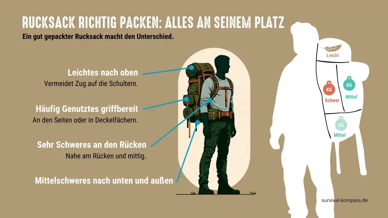 Richtig rucksack packen: Leichtes oben, schweres nah am Rücken. Häufig genutztes griffbereit. So wird die Tour zum Genuss.