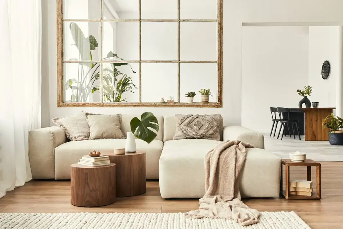 Un plaid beige est joliment drap&eacute; sur un canap&eacute; clair, ajoutant une touche cosy. Voici comment mettre un plaid sur un canap&eacute; pour un style parfait.