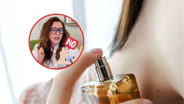 kobieta aplikująca perfumy na szyję w elegancki sposób