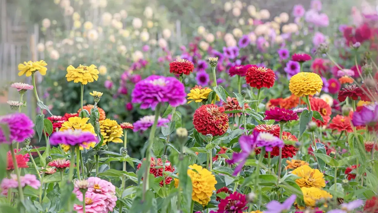 Bunte Zinnien blühen üppig in einem sonnigen Garten. Der ideale zinnien standort ist sonnig und geschützt.