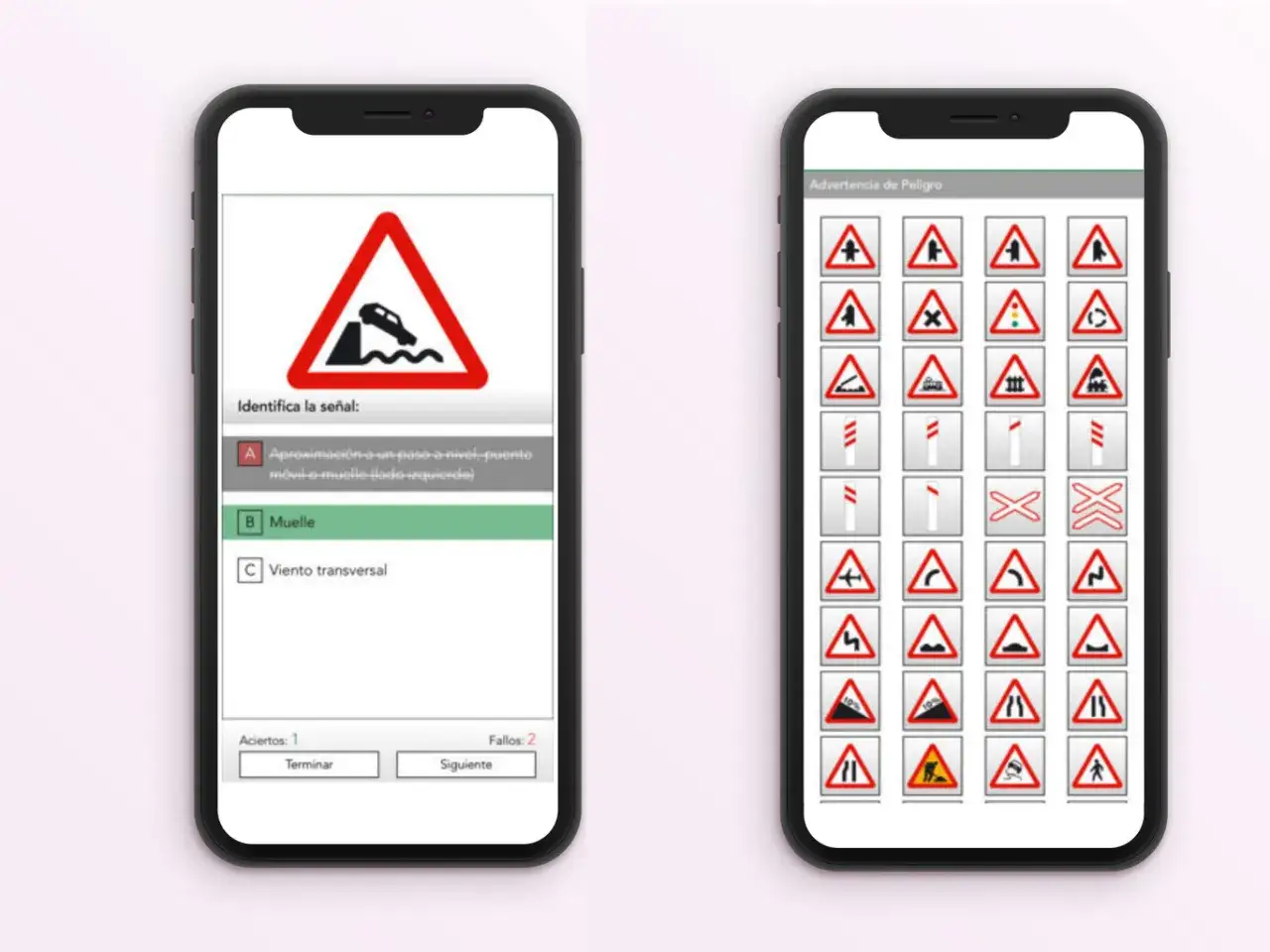 App móvil para estudiar señales de tráfico, ideal para preparar el b carnet. Muestra una pregunta de identificación de señal y una galería de señales de peligro.