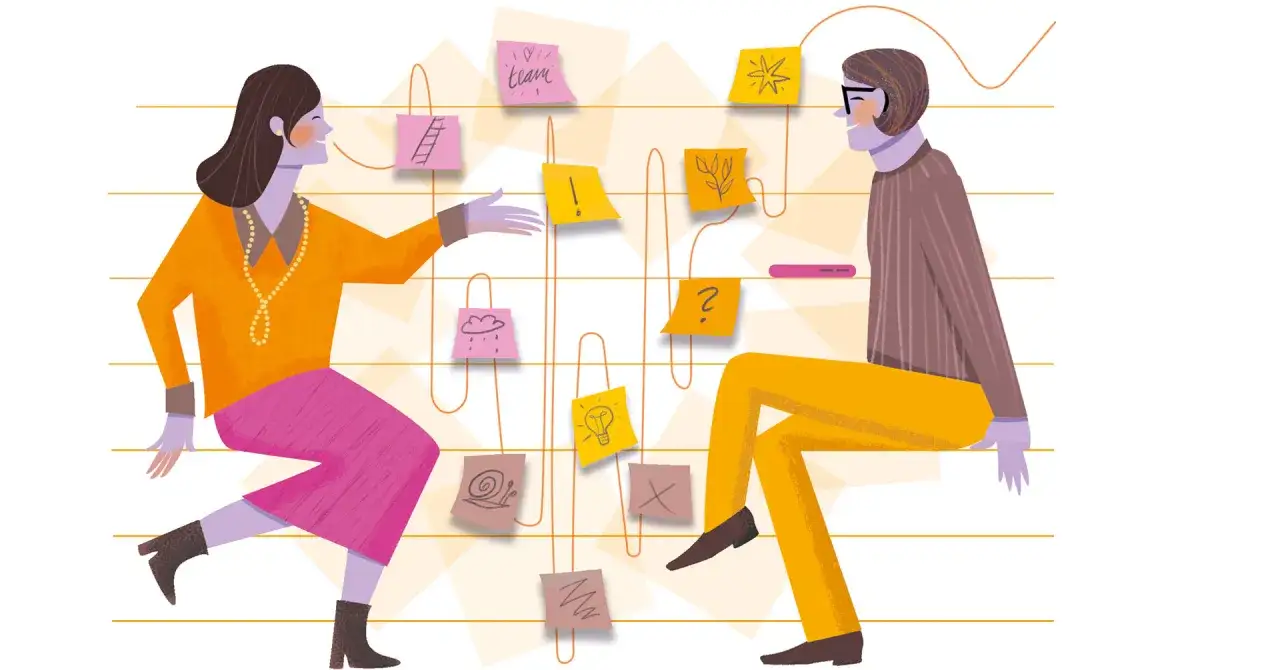 Två personer diskuterar idéer på en anslagstavla med post-it-lappar. En kvinna gestikulerar mot en stege-lapp, medan en man med glasögon ger feedback.