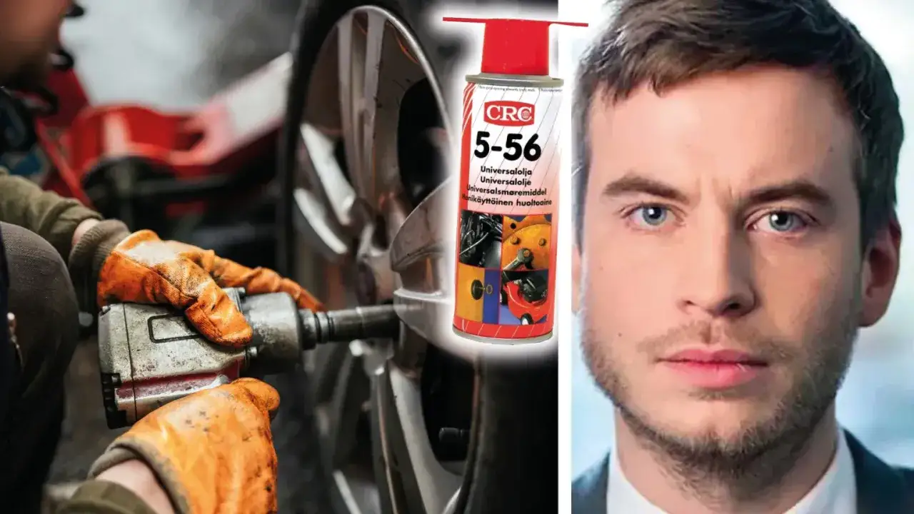 Händer med orange handskar använder en mutterdragare på en bilfälg, bredvid en burk CRC 5-56 och en mans ansikte. Kopparpasta för hjulbultar kan vara bra att ha.