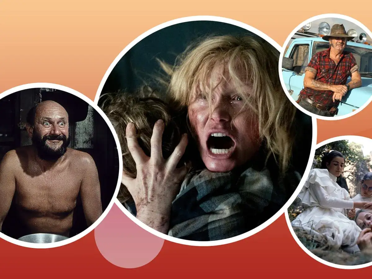 Collage med scener från australiska filmer: en skräckslagen kvinna, en man med skägg och en man i hatt vid en blå bil.