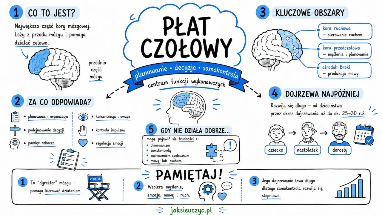 Płat czołowy, centrum funkcji wykonawczych, odpowiada za planowanie, decyzje i samokontrolę. Jego rozwój trwa długo, co wpływa na potrzebę autonomii.