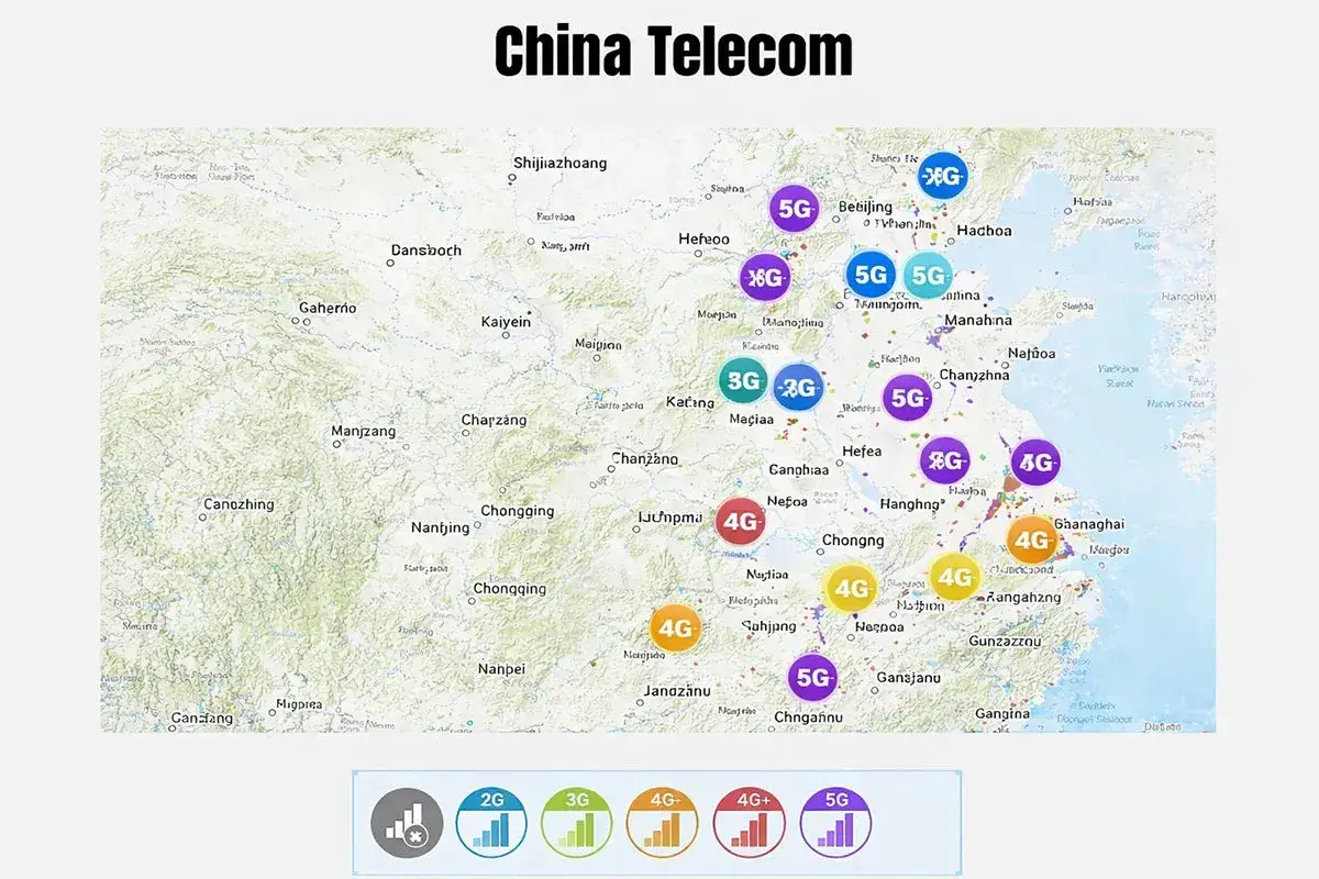 Mapa Chin z oznaczeniami zasięgu sieci 5G, 4G, 3G i 2G. Internet w Chinach rozwija się dynamicznie.