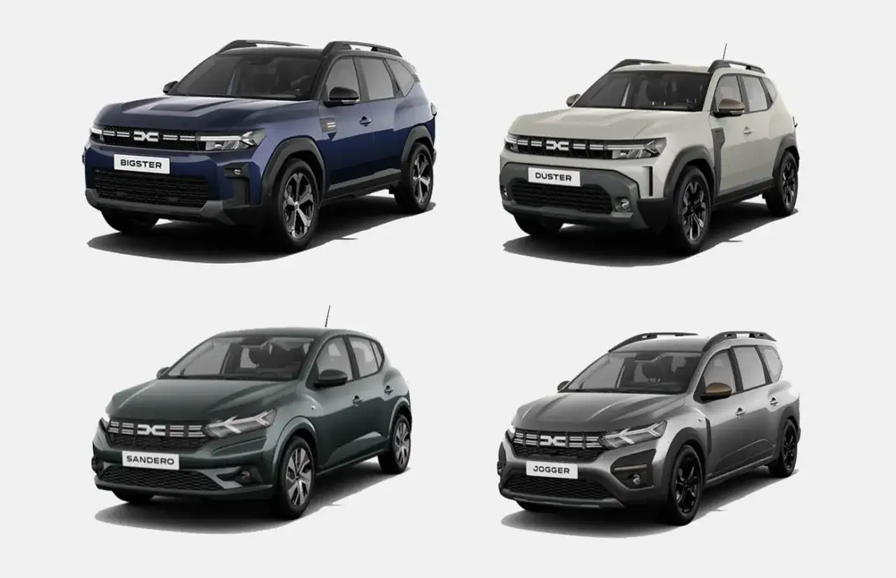 Cztery modele dacia suv: Bigster, Duster, Sandero i Jogger w różnych kolorach.