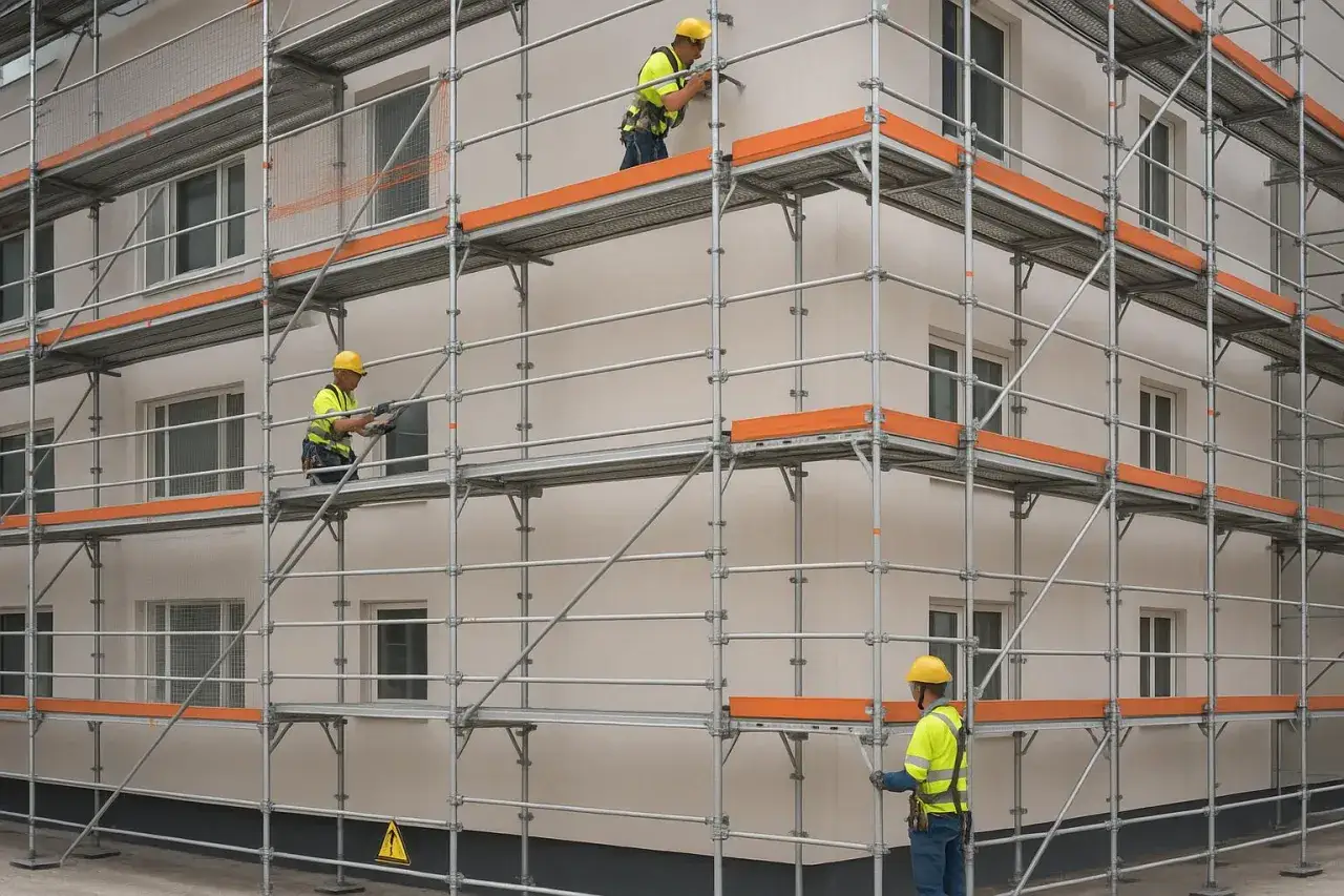 Trois ouvriers sur un échafaudage préparent le sablage de la façade d'un bâtiment.