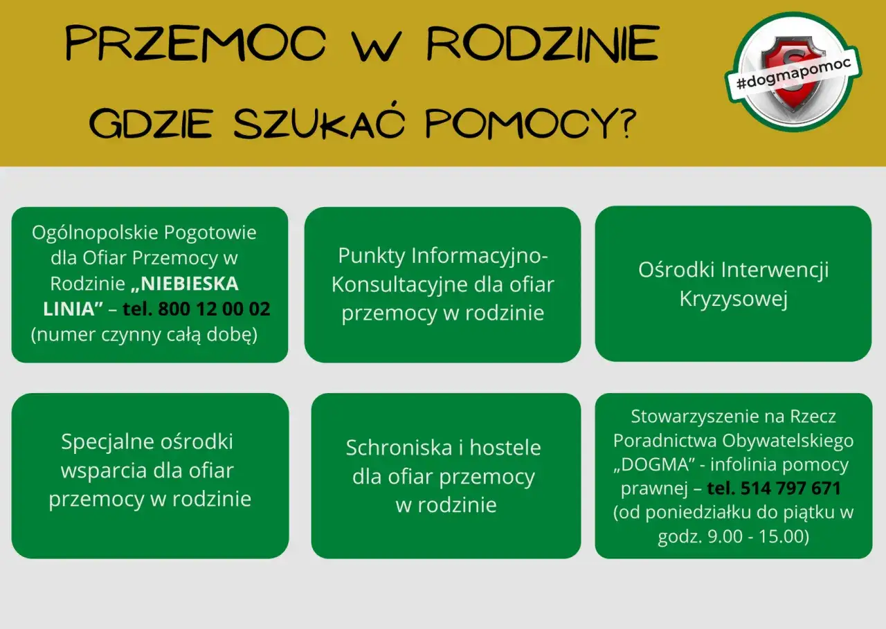Jak reagować na chamskie zachowanie męża? Wizerunek zawiera informacje o miejscach, gdzie szukać pomocy w przypadku przemocy w rodzinie.