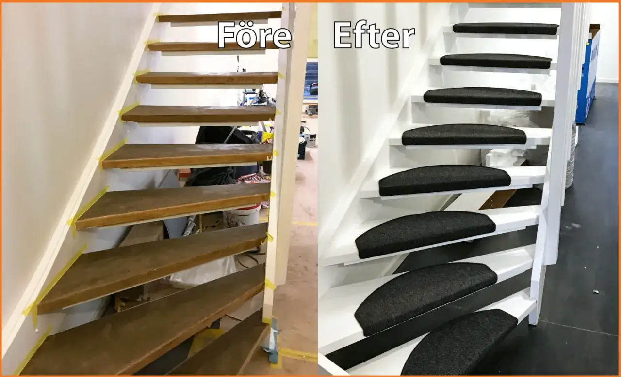 Före och efter renovera trappa. Trästeget har fått en vitmålad trappnos och svarta trappstegsmattor.
