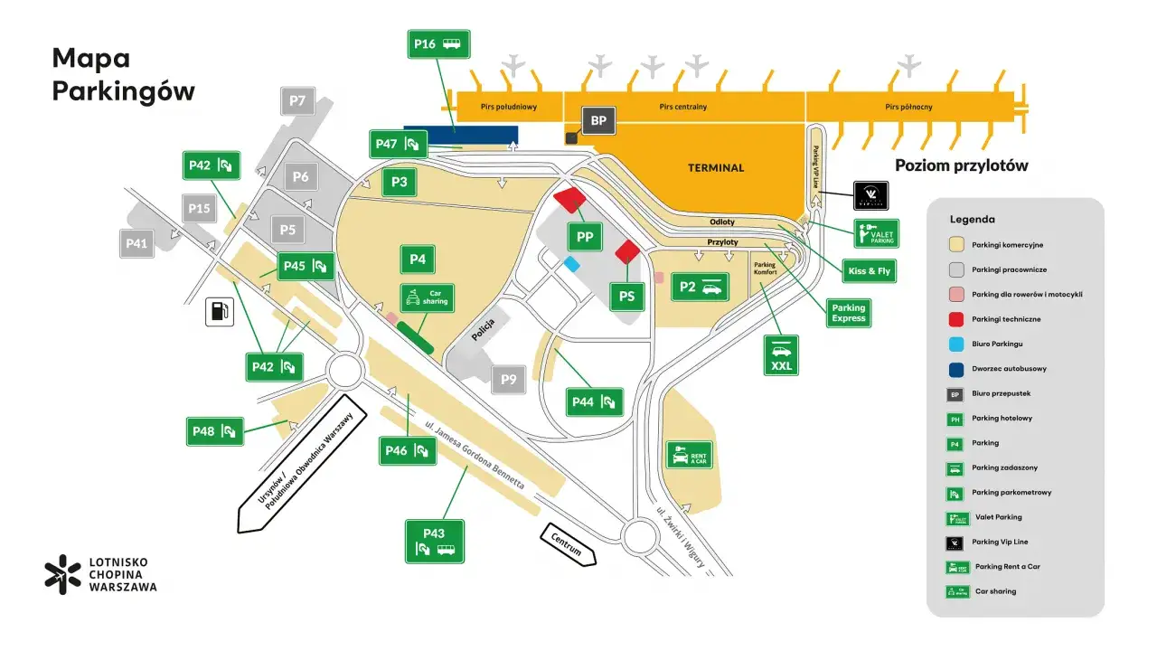 Mapa dojazdu Lotnisko Chopina komunikacja parkingi