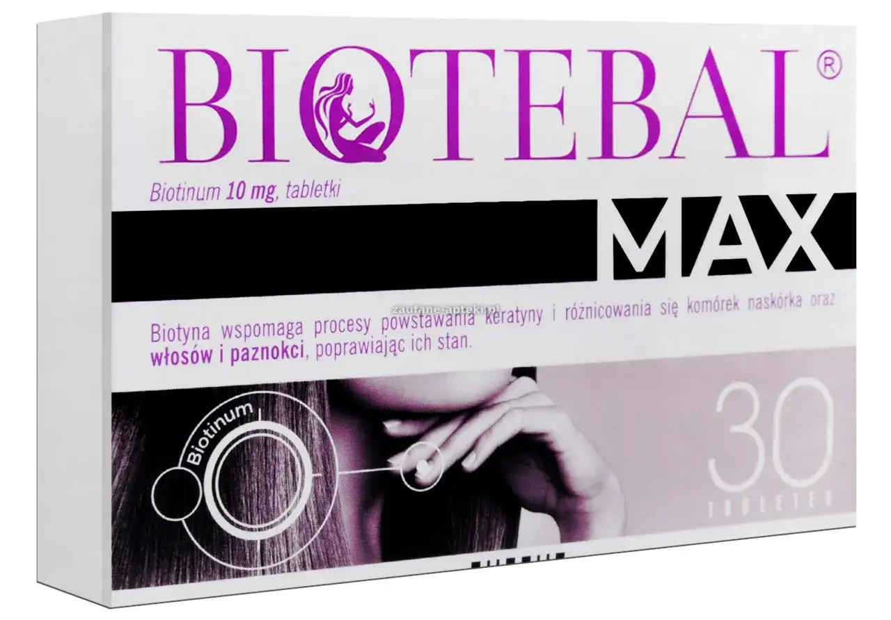 Opakowanie Biotebal Max z biotyną 10 mg. Opisuje, że biotyna wspomaga tworzenie keratyny i różnicowanie komórek naskórka, poprawiając stan włosów i paznokci.