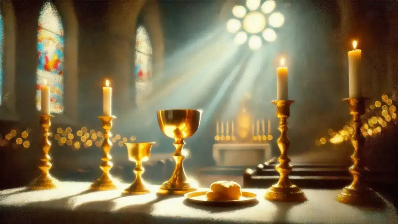 Goldene Kelche und brennende Kerzen auf einem Altar, beleuchtet von Sonnenstrahlen. Ein Symbol für Gottes Gnade.