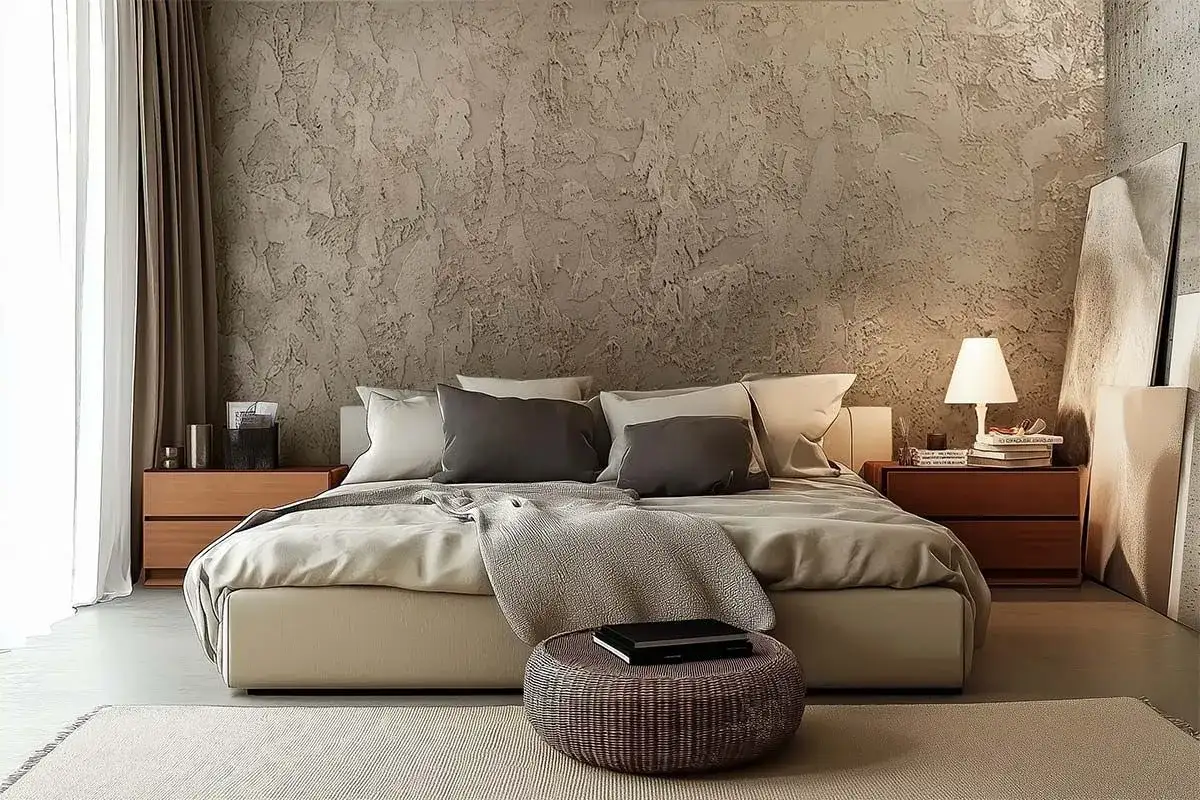 Camera da letto con pareti che mostrano effetti pittura pareti moderne, letto comodo e arredi minimalisti.