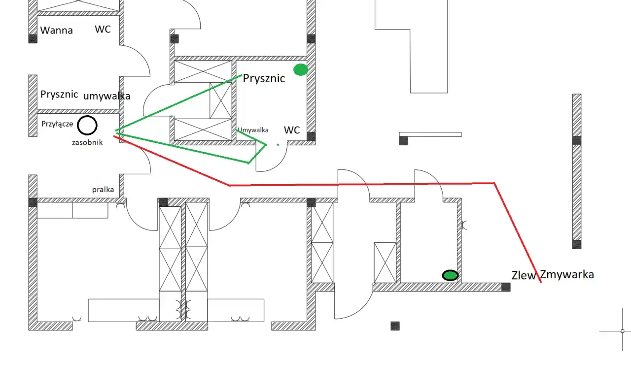 Schemat instalacji sanitarnej w domu jednorodzinnym: połączenia wodne do wanny, prysznica, umywalki, pralki i zlewu zmywarki.