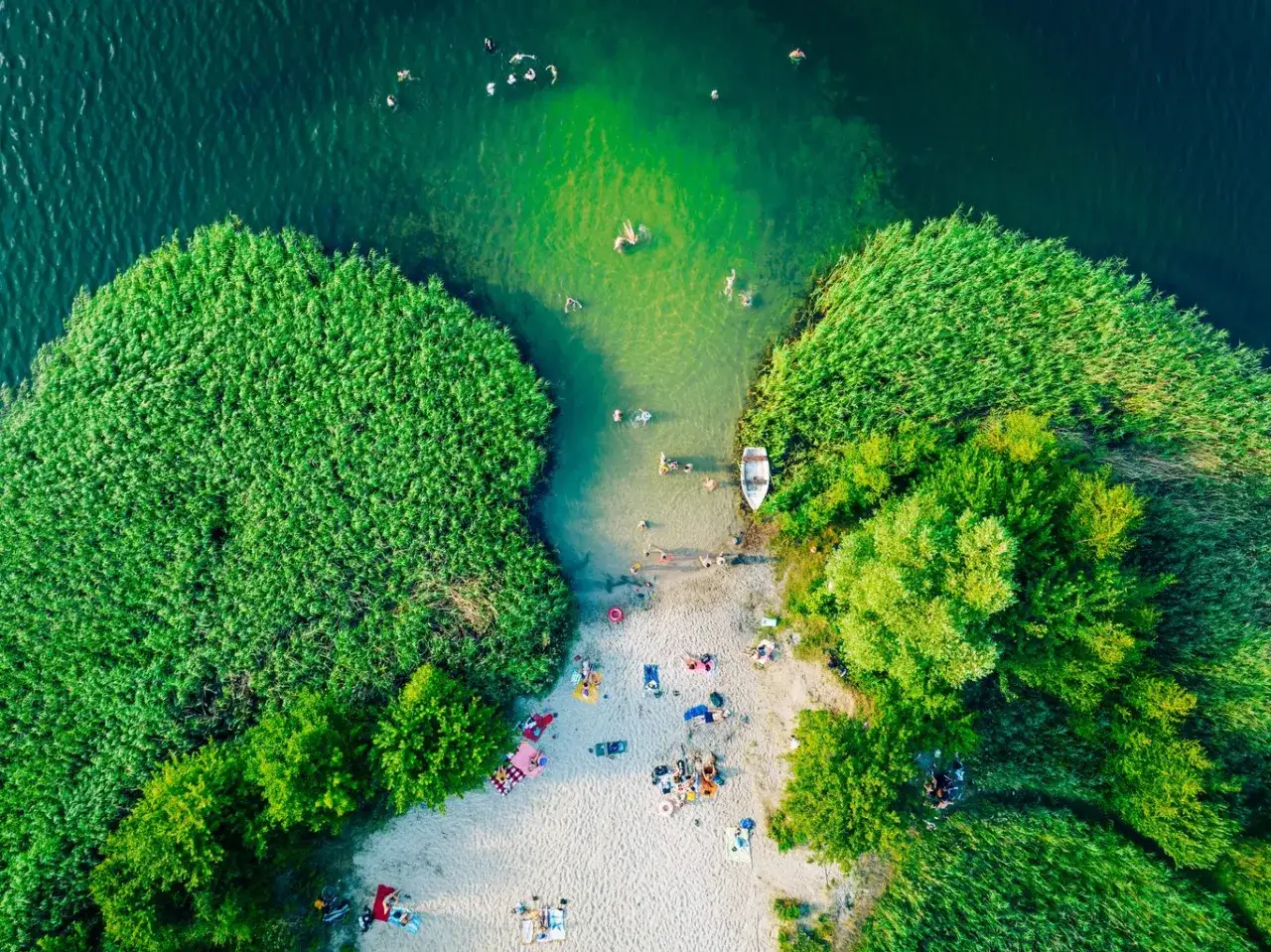 Ludzie kąpią się w krystalicznie czystej wodzie, która może być najczystszym jeziorem w Polsce. Na piaszczystej plaży odpoczywają plażowicze.