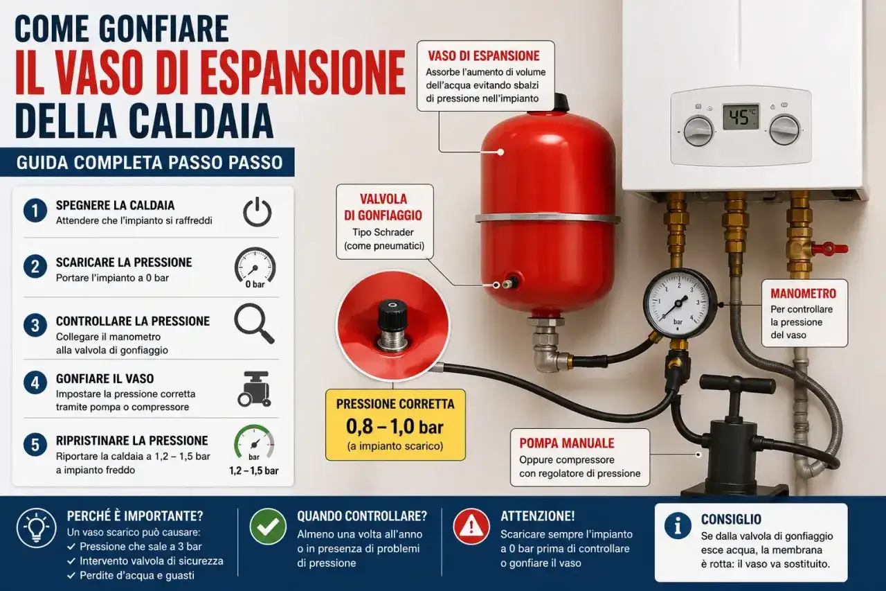 Guida per gonfiare il vaso di espansione della caldaia: spegnere, scaricare, controllare pressione con manometro, gonfiare a 0,8-1,0 bar, ripristinare a 1,2-1,5 bar. Se la caldaia perde pressione ma non ci sono perdite visibili, il problema potrebbe es...
