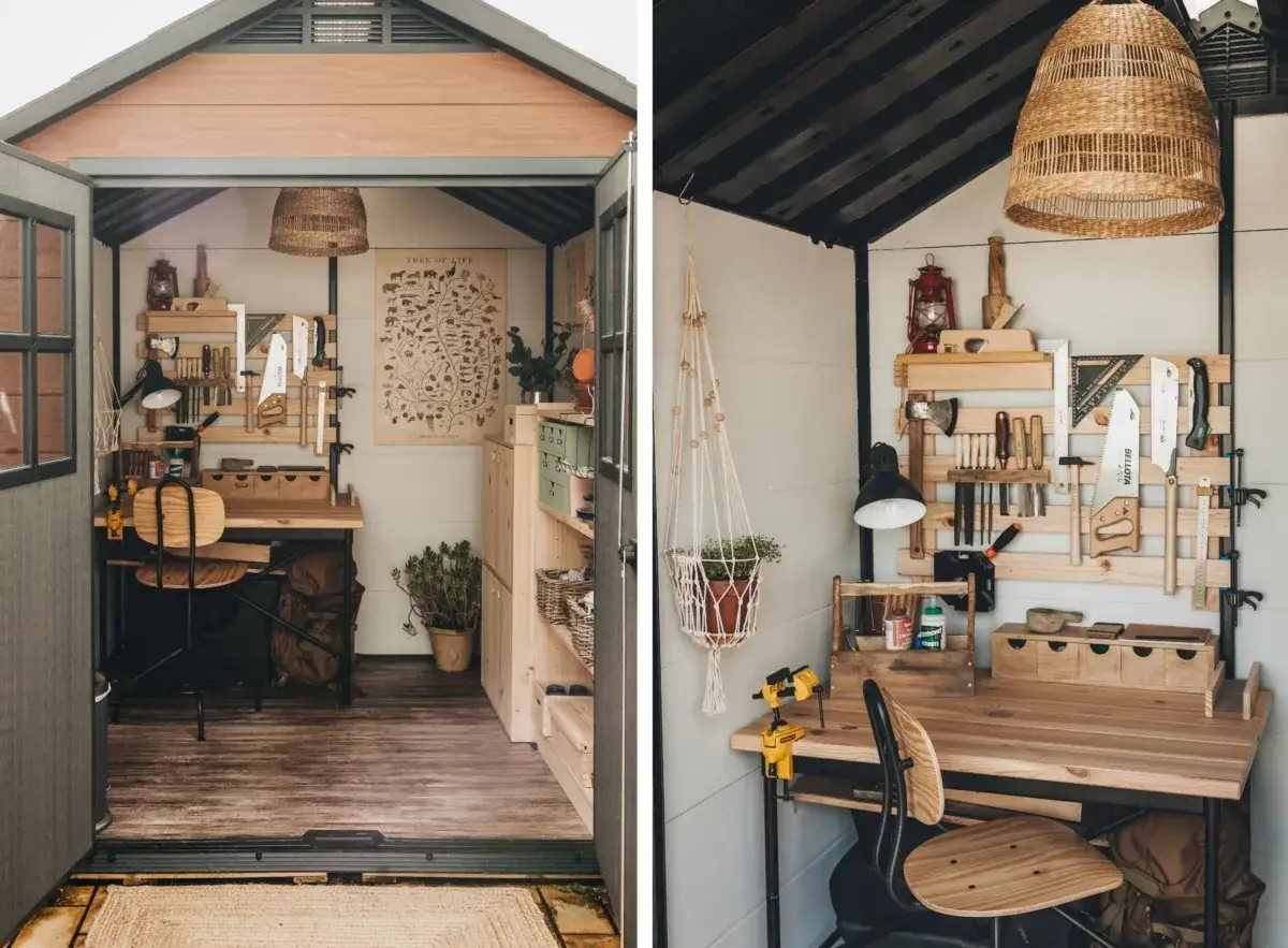 Un acogedor taller de manualidades en casa, con herramientas organizadas en la pared y un escritorio de madera.