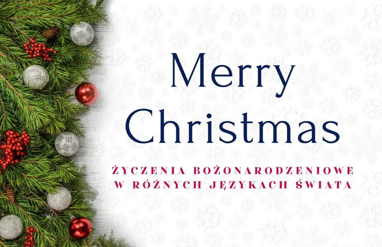 Gałązki choinki z bombkami i szyszkami. Napis 