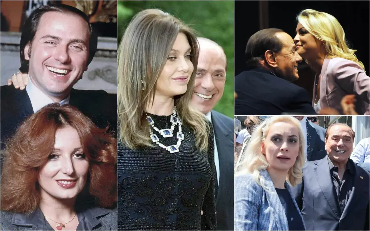 Marta Fascina e Silvio Berlusconi in diverse occasioni. La donna con i capelli rossi &egrave; Veronica Lario.