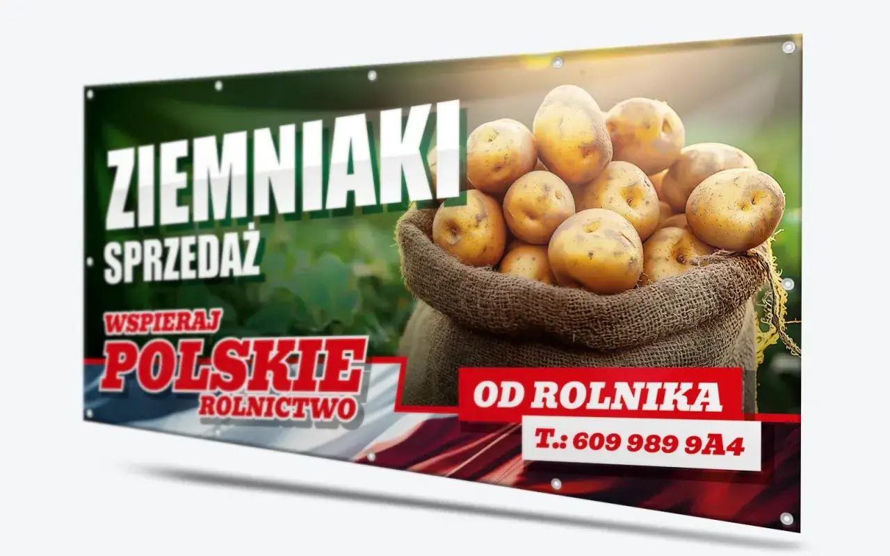 Reklama produktu plakat: Ziemniaki prosto od rolnika! Kupuj polskie produkty. Zamów telefonicznie: 609 989 9A4.