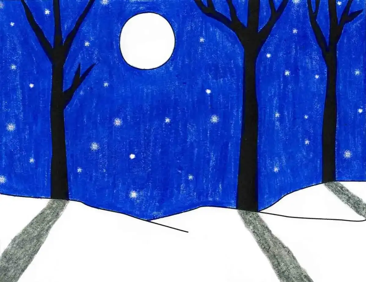 Noche estrellada de invierno con árboles oscuros y luna llena. Estos dibujos de invierno evocan una atmósfera serena y mágica.
