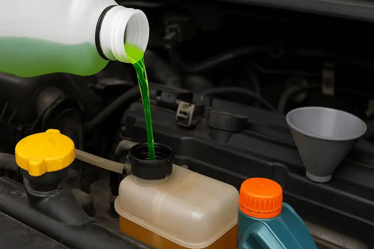 Vertiendo refrigerante verde en el dep&oacute;sito del radiador. Un paso clave para saber como limpiar radiador coche y mantenerlo en &oacute;ptimas condiciones.